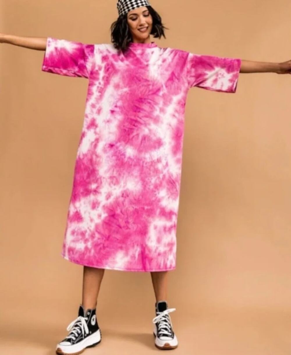 Dressed in Lala Ribbed Ozzy T-Shirt Maxi Dress Women Size S Pink Skies Tie Dye